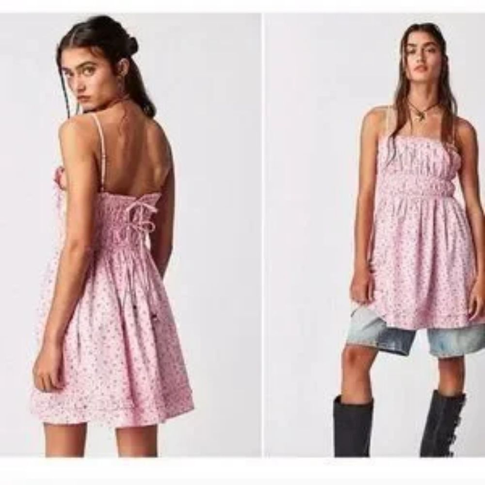 Free People Gabby Ditsy Floral Ruffle Trim Smocked Mini Dress, Pink, Sz M
